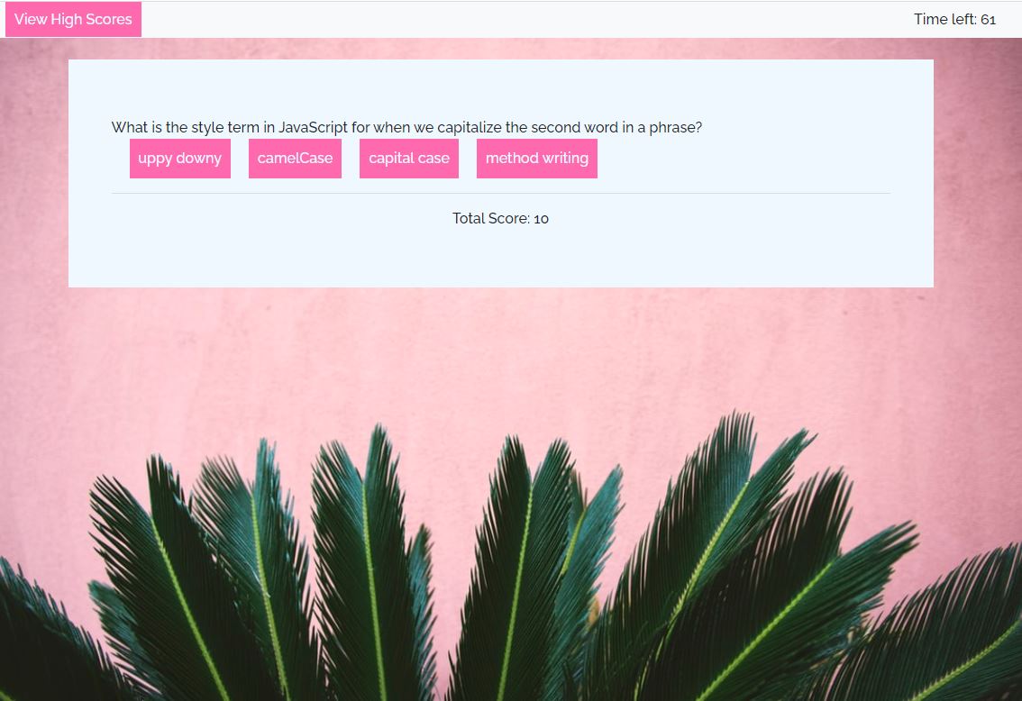 Coding quiz page- question 1 including buttons and question